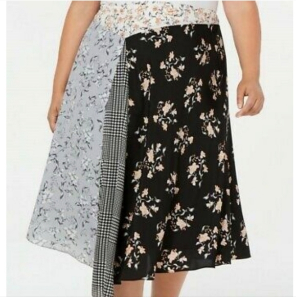 Calvin Klein Black Multi Printed Asymmetric Midi Pleated Skirt Plus Size 20W - Picture 3 of 12
